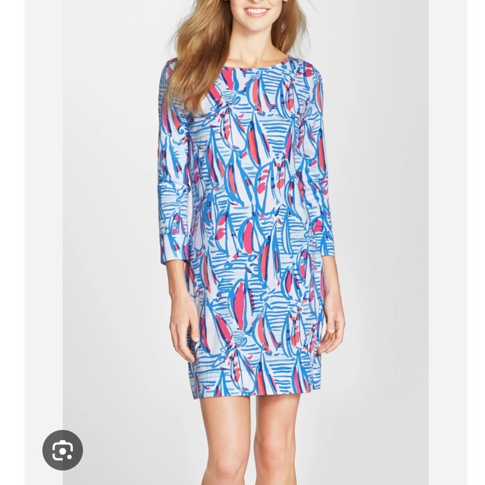 Lilly Pulitzer XS Red Right Return Marlowe Dress Sailboat Print Blue Pink Cotton